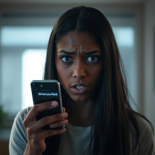 A medium shot of Tyla, a young woman with long ebon hair and a distressed expression, holding her smartphone in her right hand