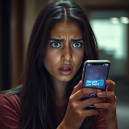 A medium shot of Tyla, a young woman with long ebon hair and a distressed expression, holding her smartphone in her right hand