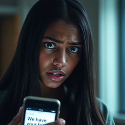A medium shot of Tyla, a young woman with long ebon hair and a distressed expression, holding her smartphone in her right hand