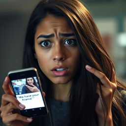 A medium shot of Tyla, a young woman with long ebon hair and a distressed expression, holding her smartphone in her right hand