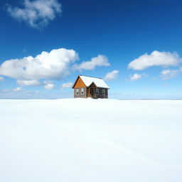 A quaint traditional school house sitting atop a snowy plateau, surrounded by a vast expanse of white snow reflecting the bright sunlight
