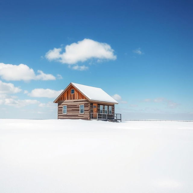 A quaint traditional school house sitting atop a snowy plateau, surrounded by a vast expanse of white snow reflecting the bright sunlight