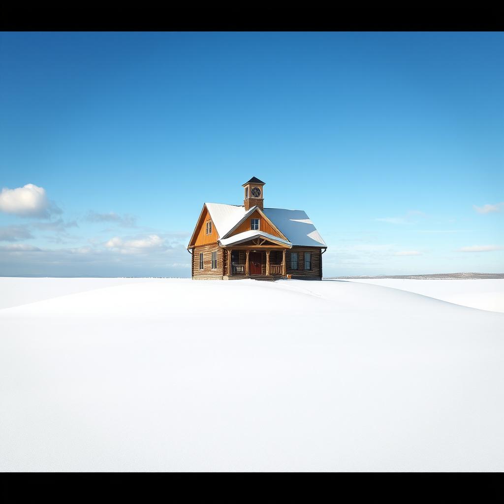 A quaint traditional school house sitting atop a snowy plateau, surrounded by a vast expanse of white snow reflecting the bright sunlight