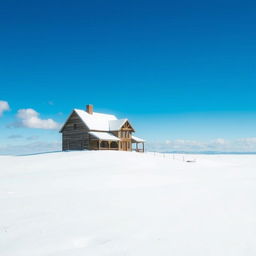 A quaint traditional school house sitting atop a snowy plateau, surrounded by a vast expanse of white snow reflecting the bright sunlight