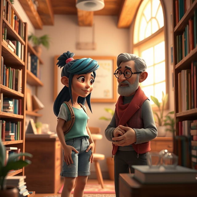 A 3D animation scene depicting Tyla, a young woman with an imaginative style characterized by vibrant colors and casual attire, engaged in an earnest conversation with a mentor figure, who is distinguished by their wise demeanor and an air of guidance