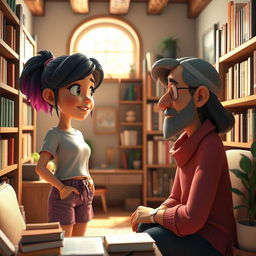 A 3D animation scene depicting Tyla, a young woman with an imaginative style characterized by vibrant colors and casual attire, engaged in an earnest conversation with a mentor figure, who is distinguished by their wise demeanor and an air of guidance
