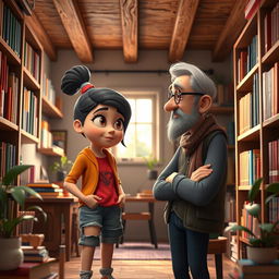 A 3D animation scene depicting Tyla, a young woman with an imaginative style characterized by vibrant colors and casual attire, engaged in an earnest conversation with a mentor figure, who is distinguished by their wise demeanor and an air of guidance