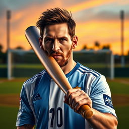 A hyper-realistic portrait of Lionel Messi, dressed in his Argentina national team jersey, passionately holding a baseball bat