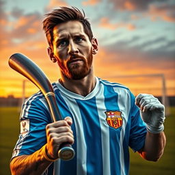 A hyper-realistic portrait of Lionel Messi, dressed in his Argentina national team jersey, passionately holding a baseball bat