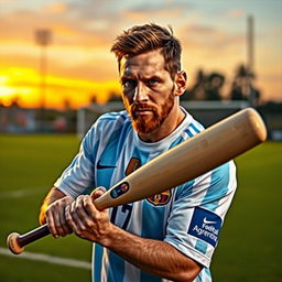 A hyper-realistic portrait of Lionel Messi, dressed in his Argentina national team jersey, passionately holding a baseball bat