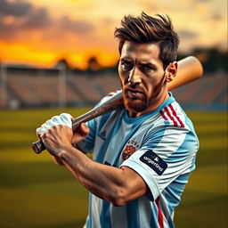A hyper-realistic portrait of Lionel Messi, dressed in his Argentina national team jersey, passionately holding a baseball bat