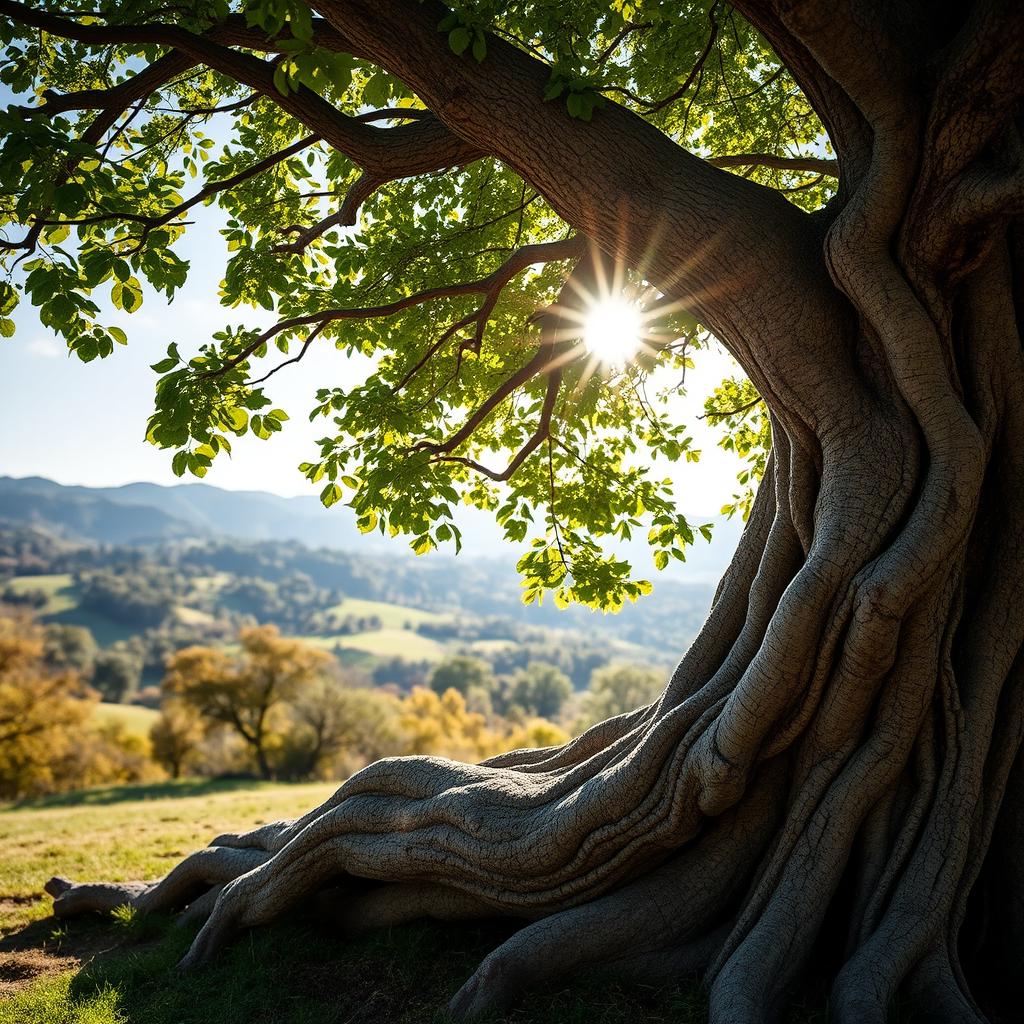 An intricately detailed tree with a thick trunk, lush green leaves, and a sprawling canopy