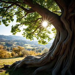 An intricately detailed tree with a thick trunk, lush green leaves, and a sprawling canopy