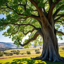 An intricately detailed tree with a thick trunk, lush green leaves, and a sprawling canopy