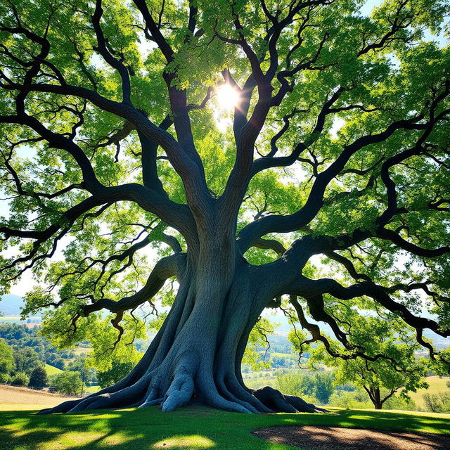 An intricately detailed tree with a thick trunk, lush green leaves, and a sprawling canopy