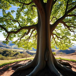 An intricately detailed tree with a thick trunk, lush green leaves, and a sprawling canopy