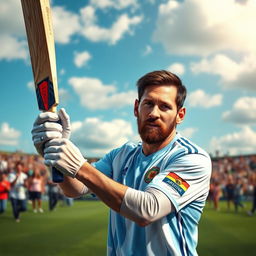 A hyper-realistic portrait of Lionel Messi, wearing his Argentina national team jersey, skillfully holding a cricket bat