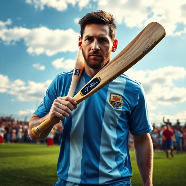 A hyper-realistic portrait of Lionel Messi, wearing his Argentina national team jersey, skillfully holding a cricket bat