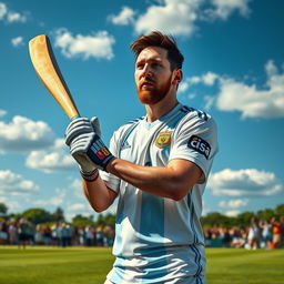 A hyper-realistic portrait of Lionel Messi, wearing his Argentina national team jersey, skillfully holding a cricket bat