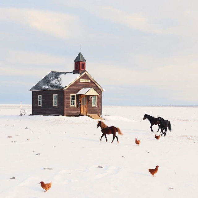 A quaint schoolhouse sits on a vast snowy plateau, surrounded by a serene winter landscape