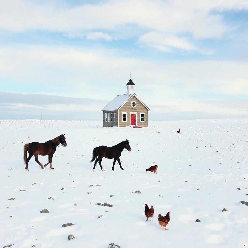 A quaint schoolhouse sits on a vast snowy plateau, surrounded by a serene winter landscape