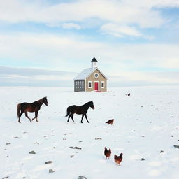 A quaint schoolhouse sits on a vast snowy plateau, surrounded by a serene winter landscape