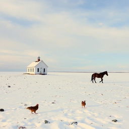 A quaint schoolhouse sits on a vast snowy plateau, surrounded by a serene winter landscape