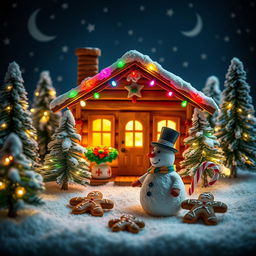 A handcrafted Christmas scene, featuring a beautifully decorated wooden cabin in a snowy landscape