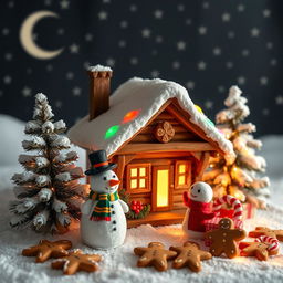 A handcrafted Christmas scene, featuring a beautifully decorated wooden cabin in a snowy landscape