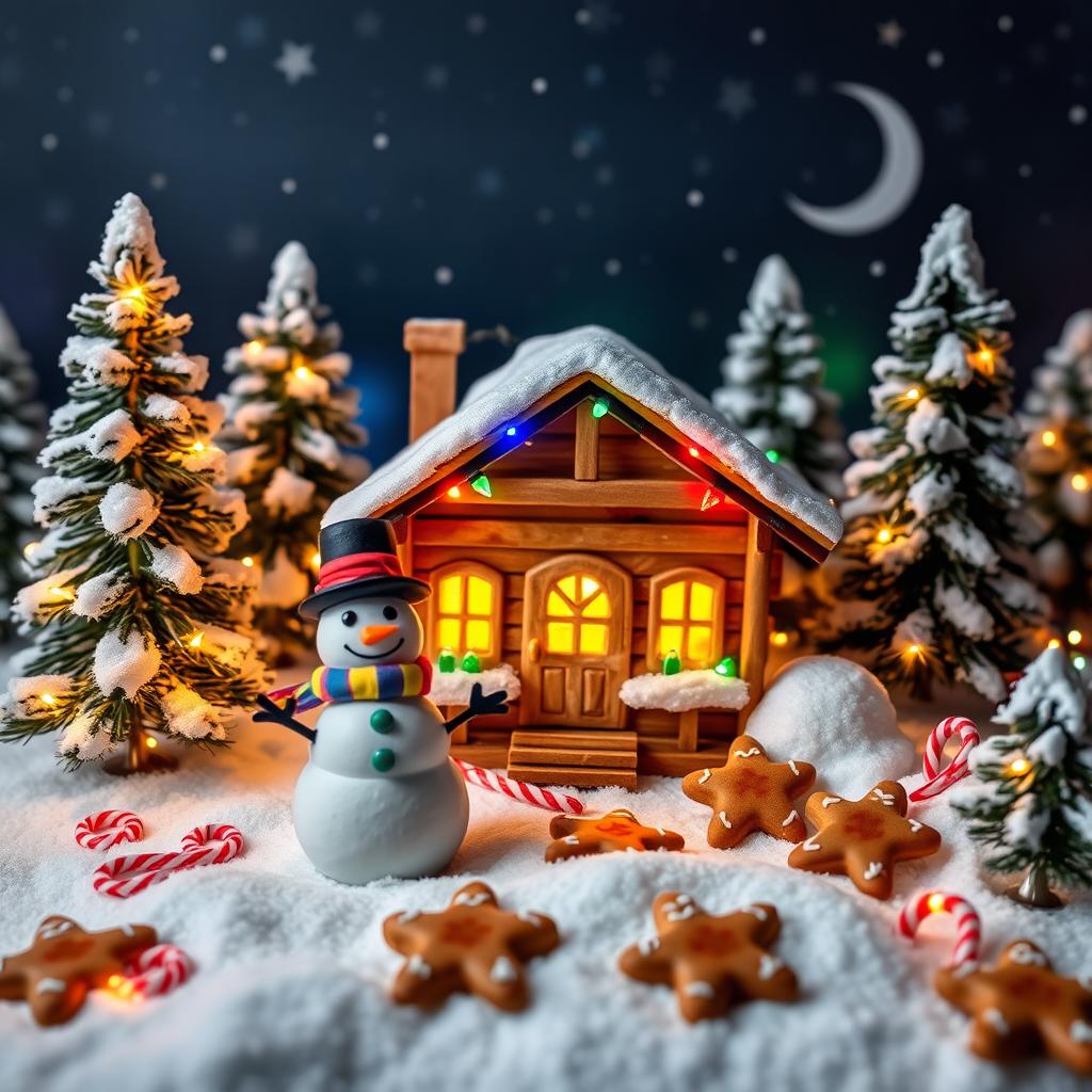 A handcrafted Christmas scene, featuring a beautifully decorated wooden cabin in a snowy landscape