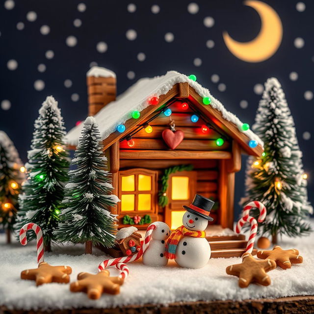 A handcrafted Christmas scene, featuring a beautifully decorated wooden cabin in a snowy landscape