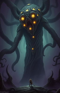 A Lovecraftian flesh god, looming high above, its grotesque form covered in pulsating, textured skin, adorned with dozens of shimmering, unsettling eyes that seem to gaze intently at a tiny, insignificant human below