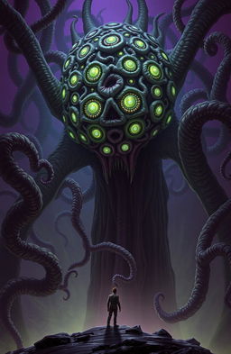 A Lovecraftian flesh god, looming high above, its grotesque form covered in pulsating, textured skin, adorned with dozens of shimmering, unsettling eyes that seem to gaze intently at a tiny, insignificant human below