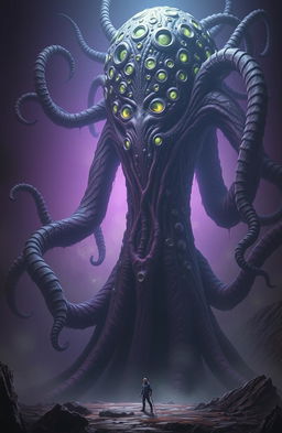 A Lovecraftian flesh god, looming high above, its grotesque form covered in pulsating, textured skin, adorned with dozens of shimmering, unsettling eyes that seem to gaze intently at a tiny, insignificant human below