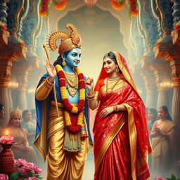 A beautiful depiction of Lord Ram and Sita on their wedding day, set in an idyllic ancient Indian temple adorned with vibrant flowers and intricate carvings