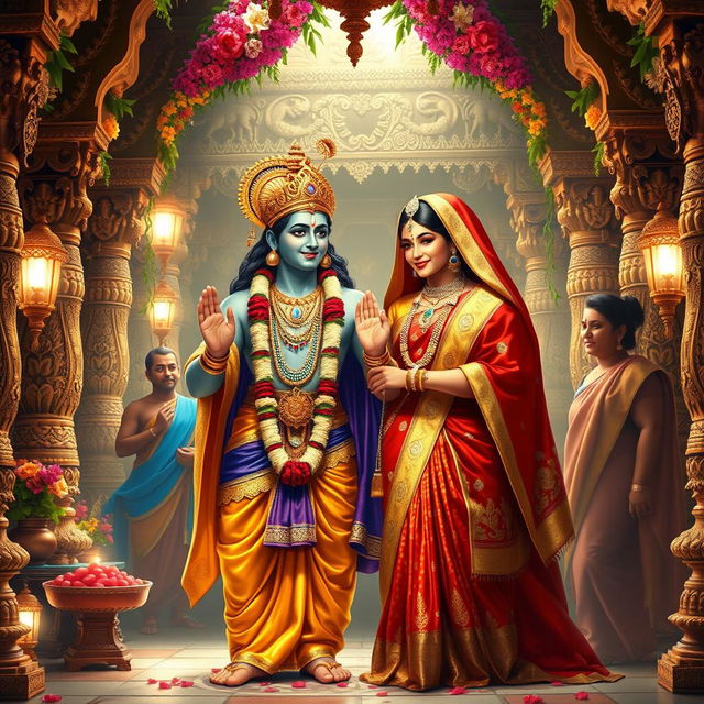 A beautiful depiction of Lord Ram and Sita on their wedding day, set in an idyllic ancient Indian temple adorned with vibrant flowers and intricate carvings