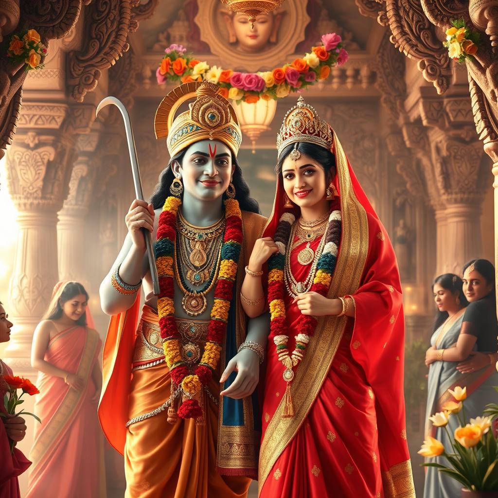 A beautiful depiction of Lord Ram and Sita on their wedding day, set in an idyllic ancient Indian temple adorned with vibrant flowers and intricate carvings