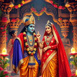 A beautiful depiction of Lord Ram and Sita on their wedding day, set in an idyllic ancient Indian temple adorned with vibrant flowers and intricate carvings
