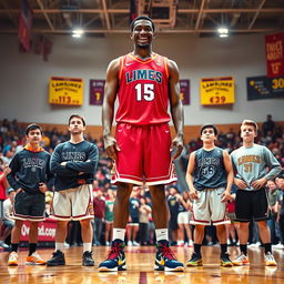 A humorous depiction of a tall basketball player standing alongside much shorter teammates