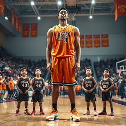 A humorous depiction of a tall basketball player standing alongside much shorter teammates