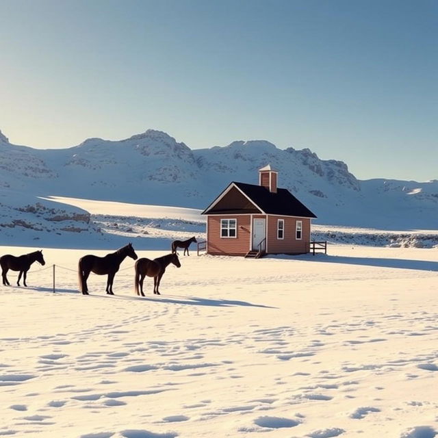 A charming school house situated on a snowy plateau, with a vast expanse of white snow surrounding it