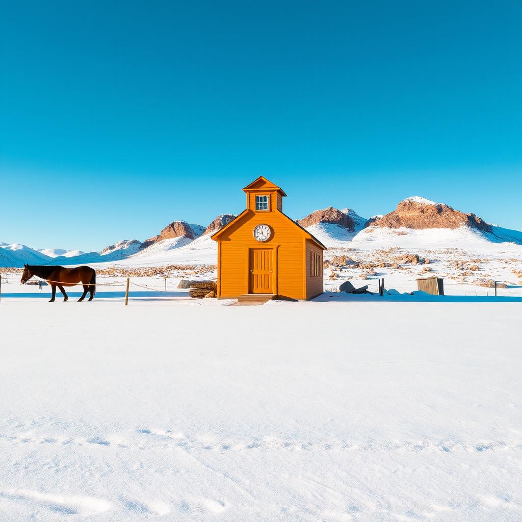 A charming school house situated on a snowy plateau, with a vast expanse of white snow surrounding it