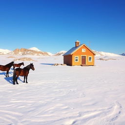 A charming school house situated on a snowy plateau, with a vast expanse of white snow surrounding it