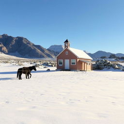 A charming school house situated on a snowy plateau, with a vast expanse of white snow surrounding it