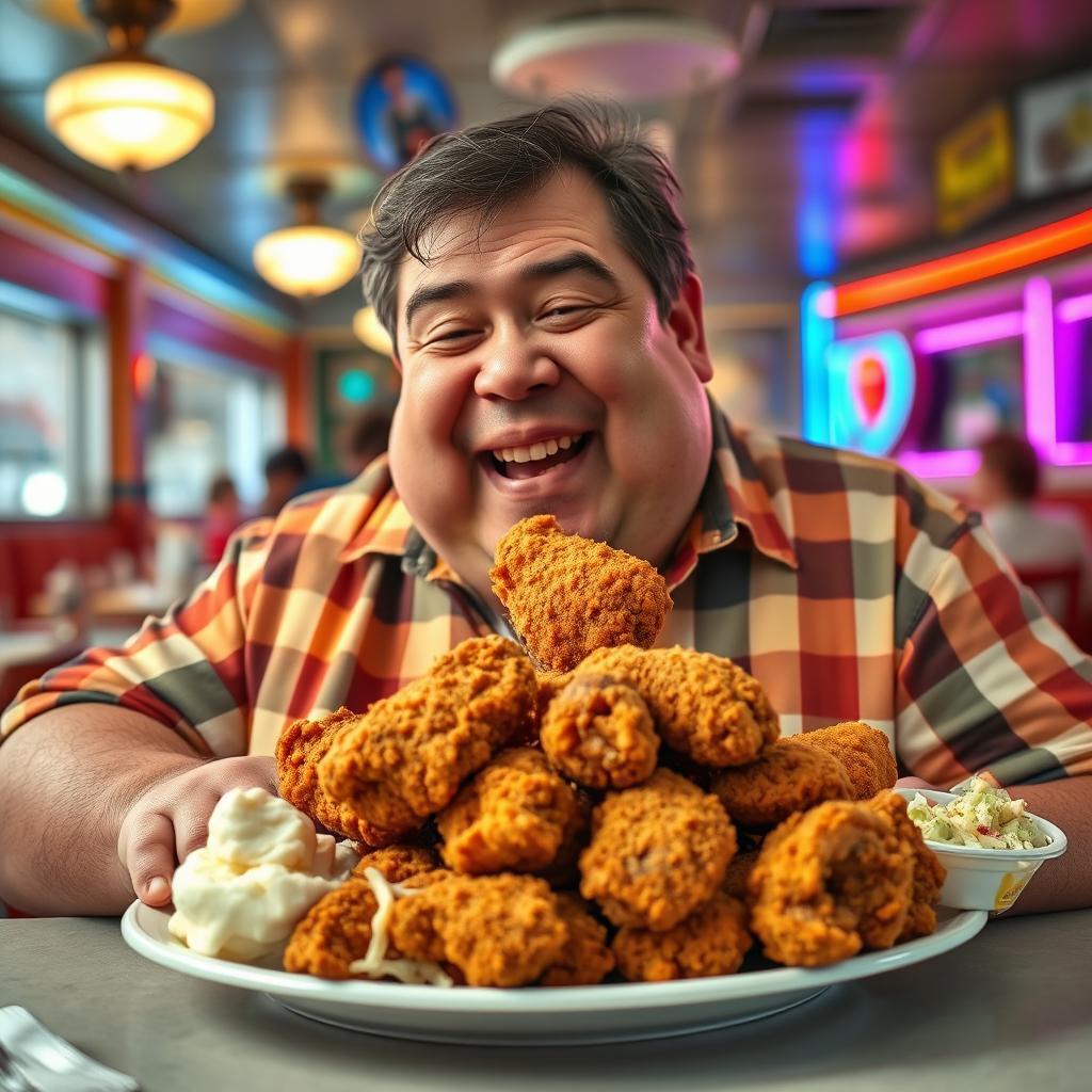 A cheerful, overweight man enjoying a delicious plate of fried chicken in a cozy diner setting