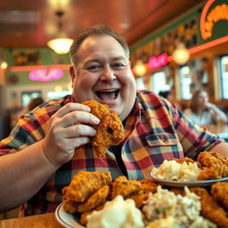 A cheerful, overweight man enjoying a delicious plate of fried chicken in a cozy diner setting