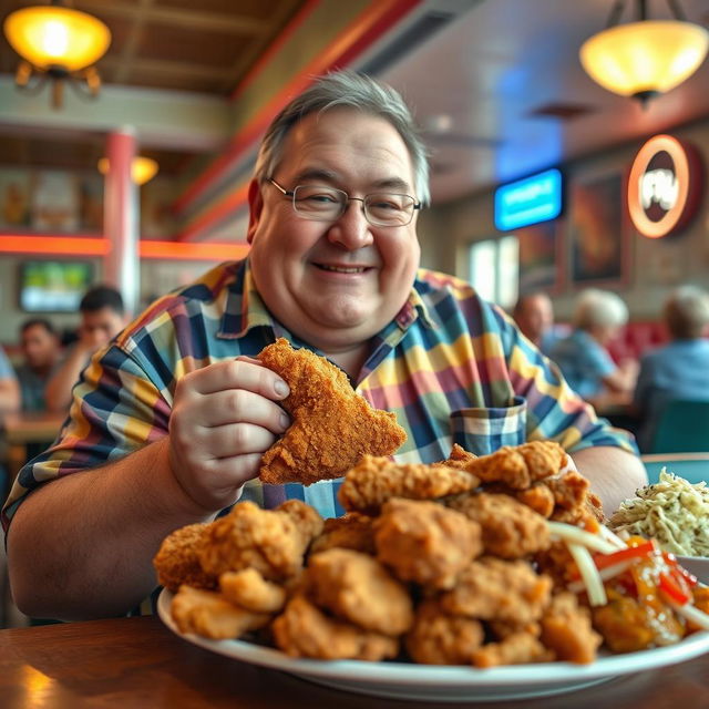 A cheerful, overweight man enjoying a delicious plate of fried chicken in a cozy diner setting