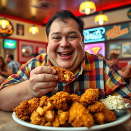 A cheerful, overweight man enjoying a delicious plate of fried chicken in a cozy diner setting
