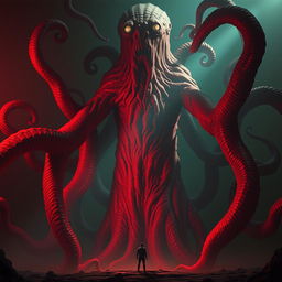 A Lovecraftian flesh god, its body a mass of moving, pulsating crimson flesh, towers ominously overhead, casting a grotesque shadow