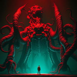 A Lovecraftian flesh god, its body a mass of moving, pulsating crimson flesh, towers ominously overhead, casting a grotesque shadow